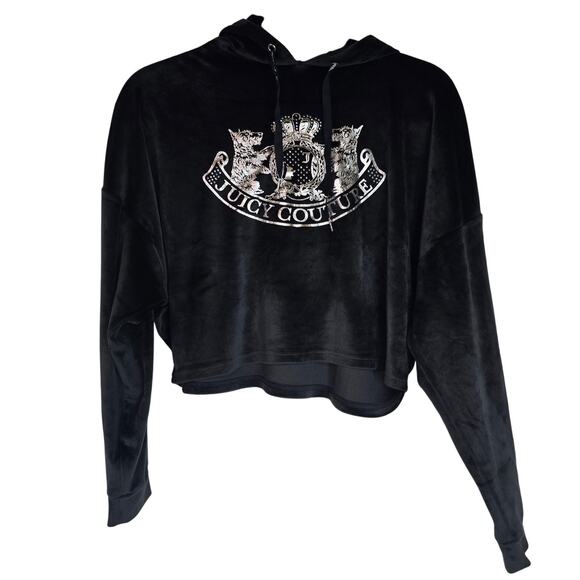 Juicy Couture Cropped Hoodie Pullover Velvet‎ Velour Spellout Black Y2K Size M - Picture 1 of 6